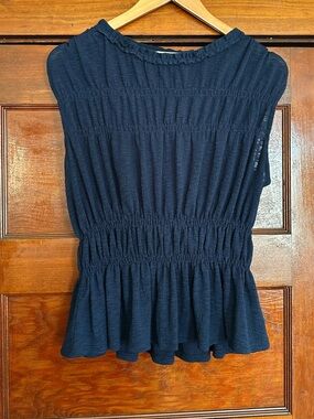Anthro Eri + Ali Navy Blue Sleeveless Smocked Blouse Peplum Top Size Small Boho
